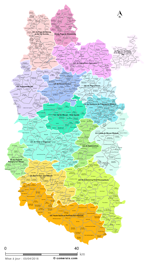 Carte des intercommunalités de la Meuse avec communes