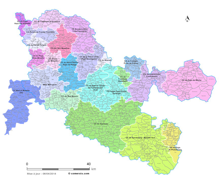Carte des intercommunalités de la Moselle avec communes