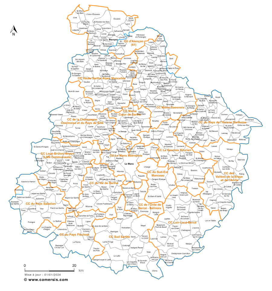 Carte des intercommunalités de la Sarthe avec communes