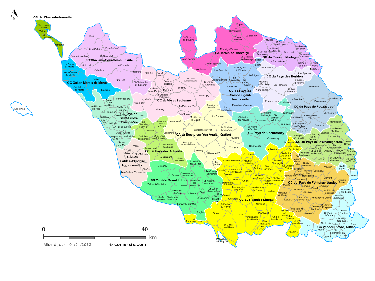 Carte des intercommunalités de la Vendée avec communes