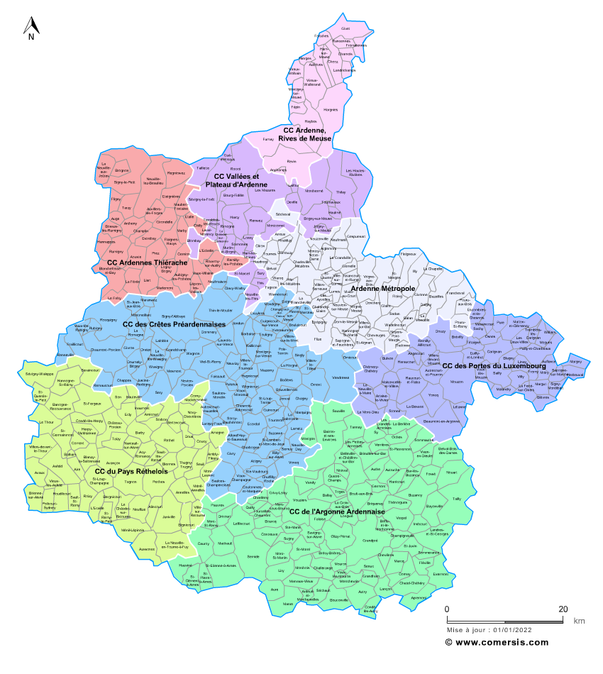 Carte des intercommunalités des Ardennes avec communes