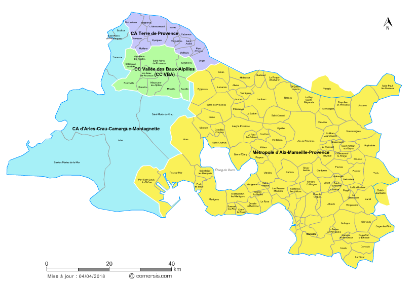Carte des intercommunalités des Bouches-du-Rhône avec communes