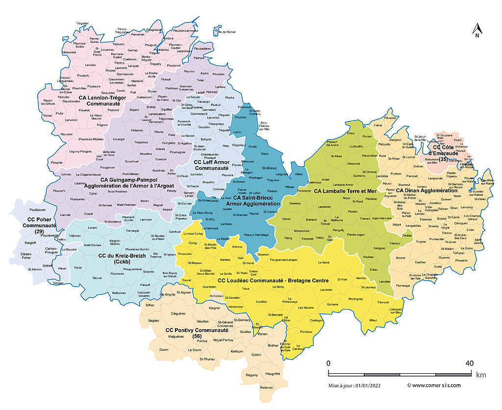 Carte des intercommunalités des Côtes-d'Armor avec communes