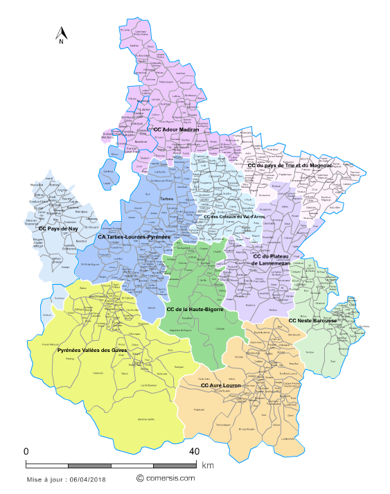 Carte des intercommunalités des Hautes-Pyrénées avec communes