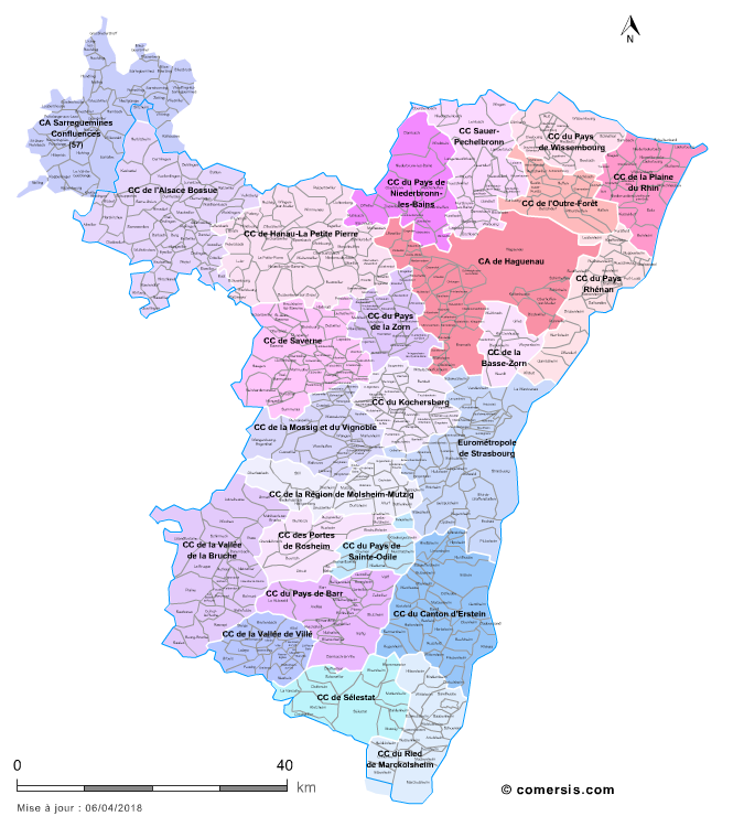 Carte des intercommunalités du Bas-Rhin avec communes