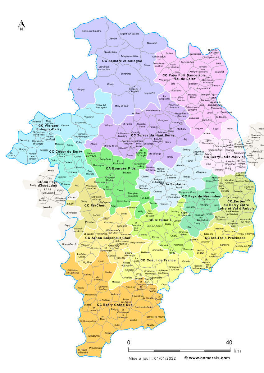 Carte des intercommunalités du Cher avec communes