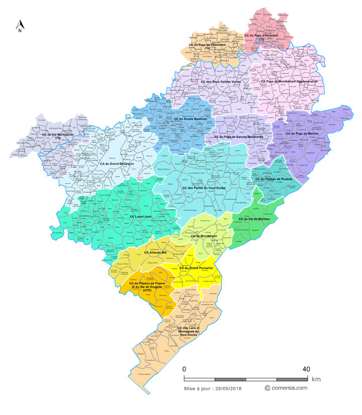 Carte des intercommunalités du Doubs avec communes
