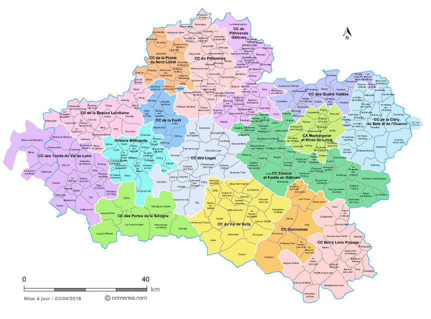 Carte des intercommunalités du Loiret avec communes