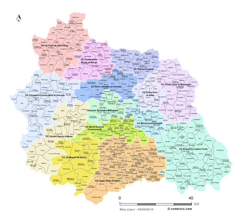 Carte des intercommunalités du Puy-de-Dôme avec communes