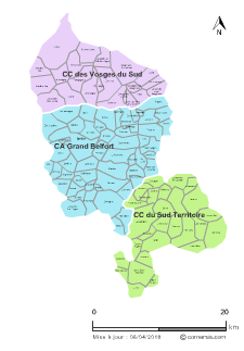 Carte des intercommunalités du Territoire de Belfort avec communes