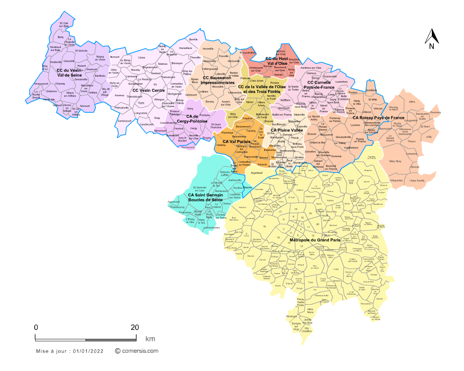 Carte des intercommunalités du Val-d'Oise avec communes