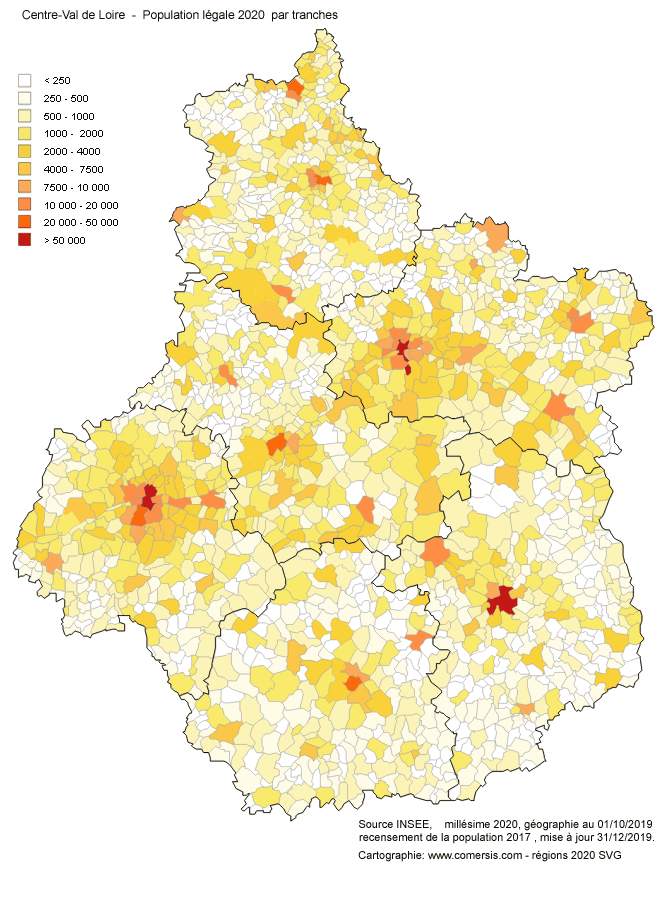 Carte de la population du Centre-Val-de-Loire