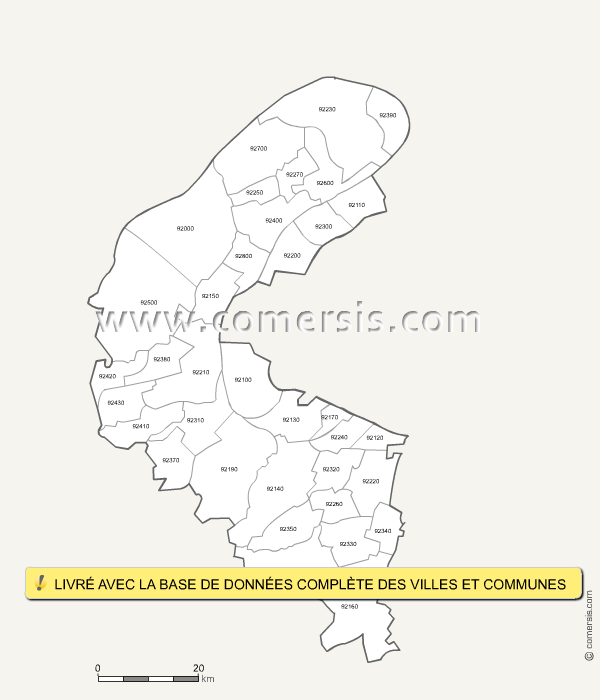Fond de carte des codes postaux des Hauts-de-Seine