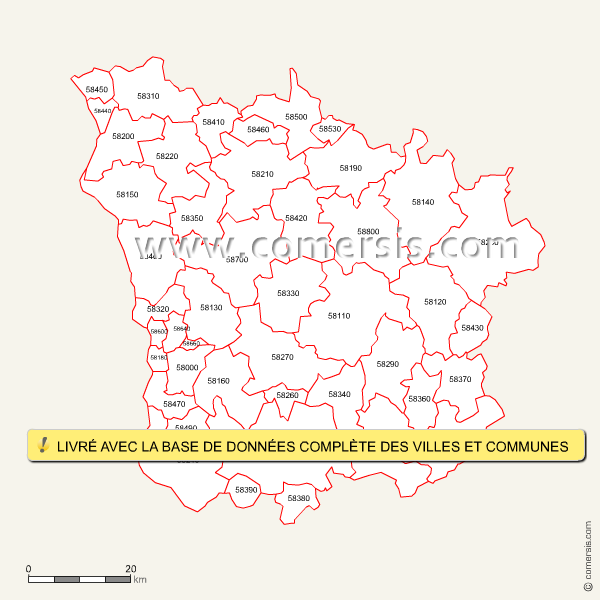 Fond de carte des codes postaux de la Nièvre