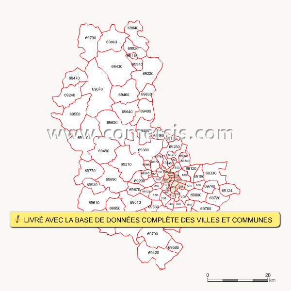 Carte des codes postaux du Rhône