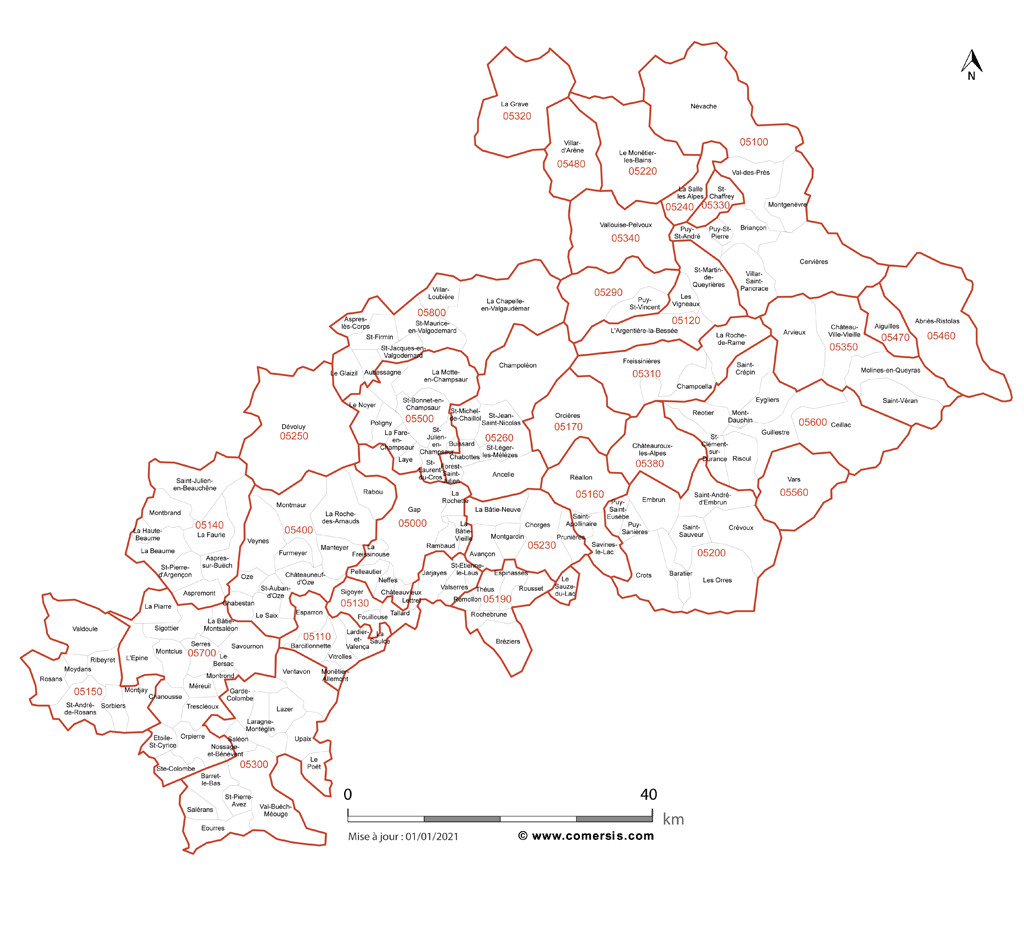 Carte des communes et codes postaux des Hautes-Alpes