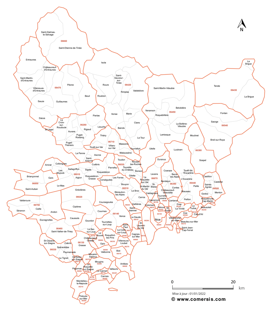 Carte des communes et codes postaux des Alpes-Maritimes