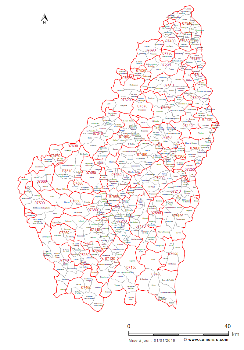 Carte des communes et codes postaux de l'Ardèche