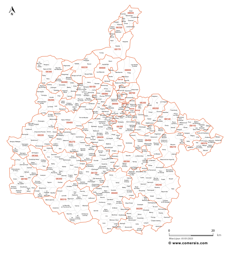Carte des communes et codes postaux des Ardennes