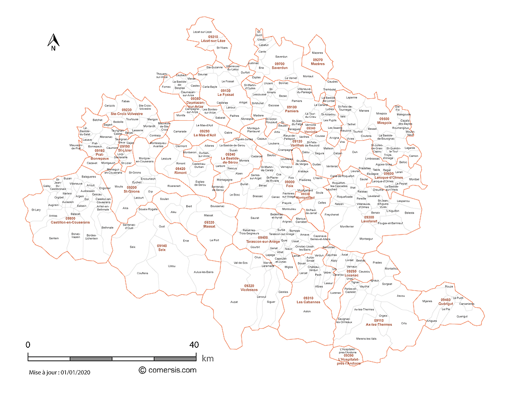 Carte des communes et codes postaux de l'Ariège