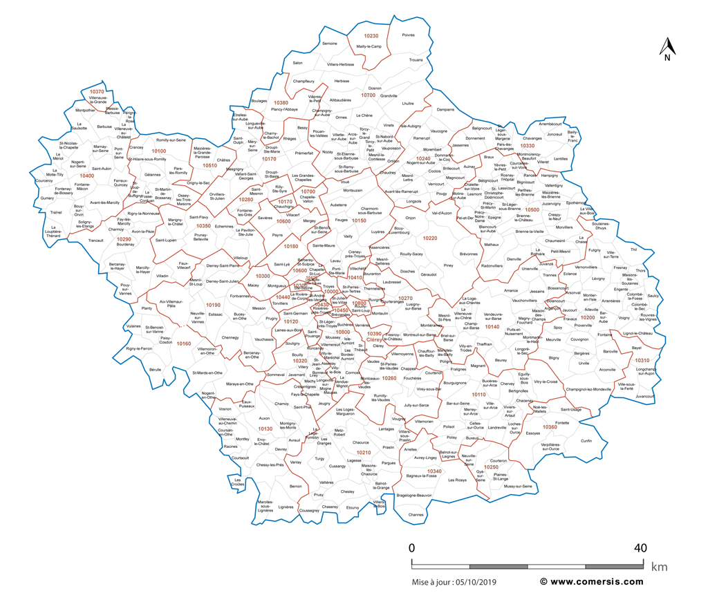 Carte des communes et codes postaux de l'Aube