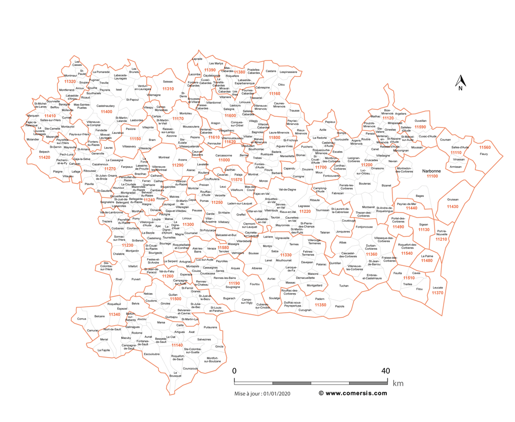 Carte des communes et codes postaux de l'Aude