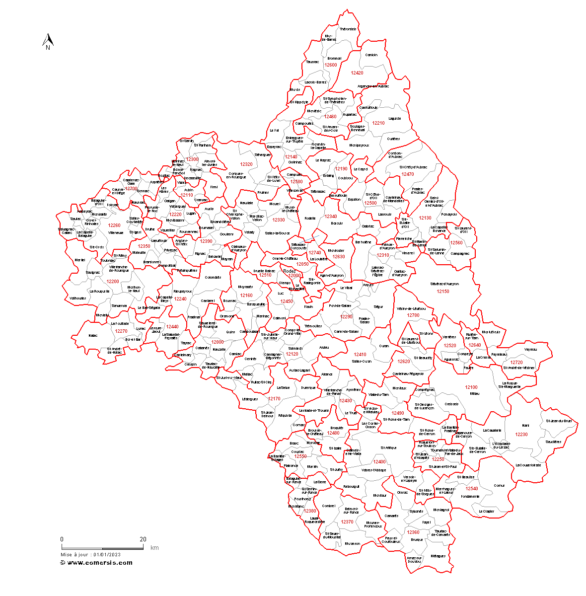 Carte des communes et codes postaux de l'Aveyron