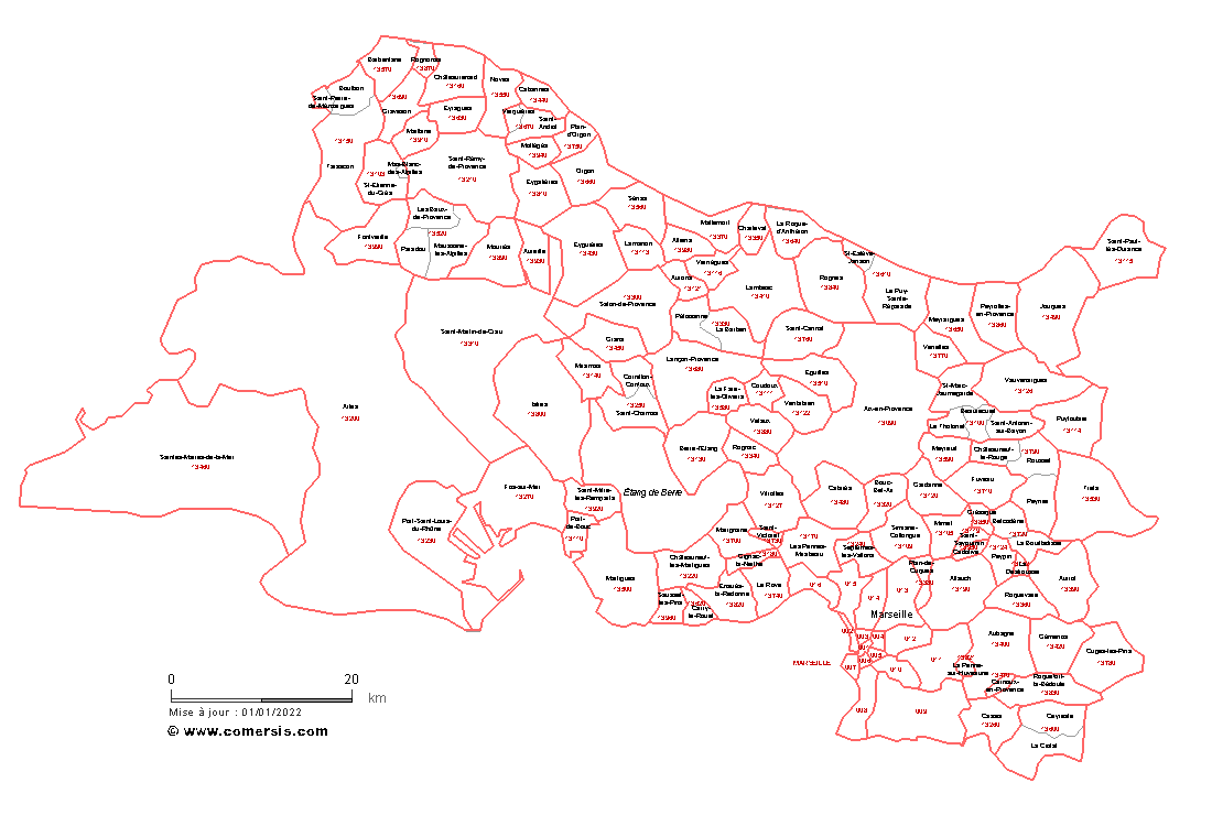 Carte des communes et codes postaux des Bouches-du-Rhône