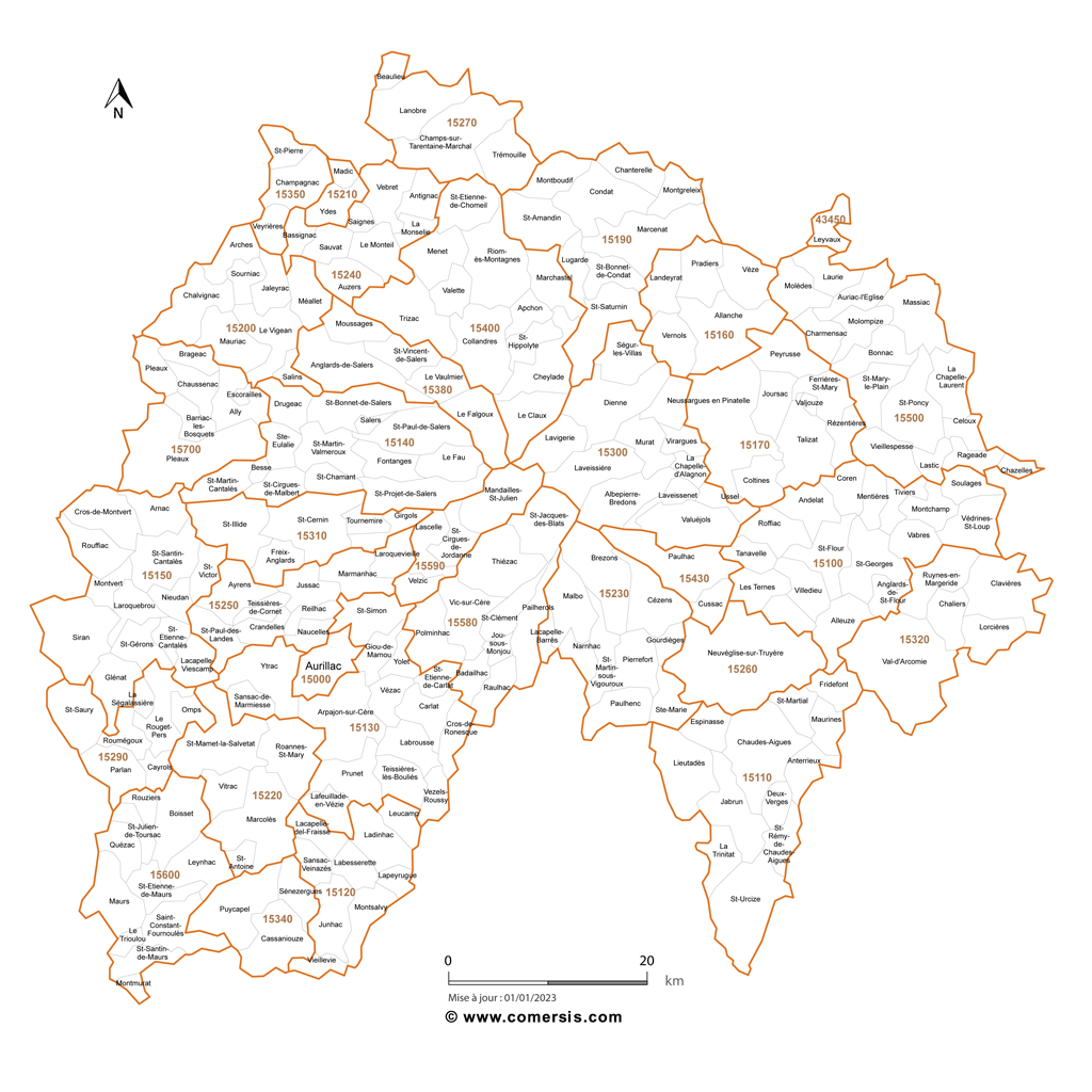 Carte des communes et codes postaux du Cantal