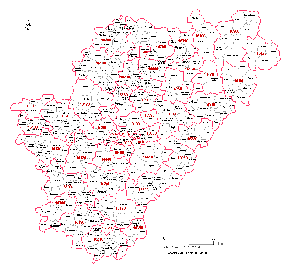 Carte des communes et codes postaux de la Charente
