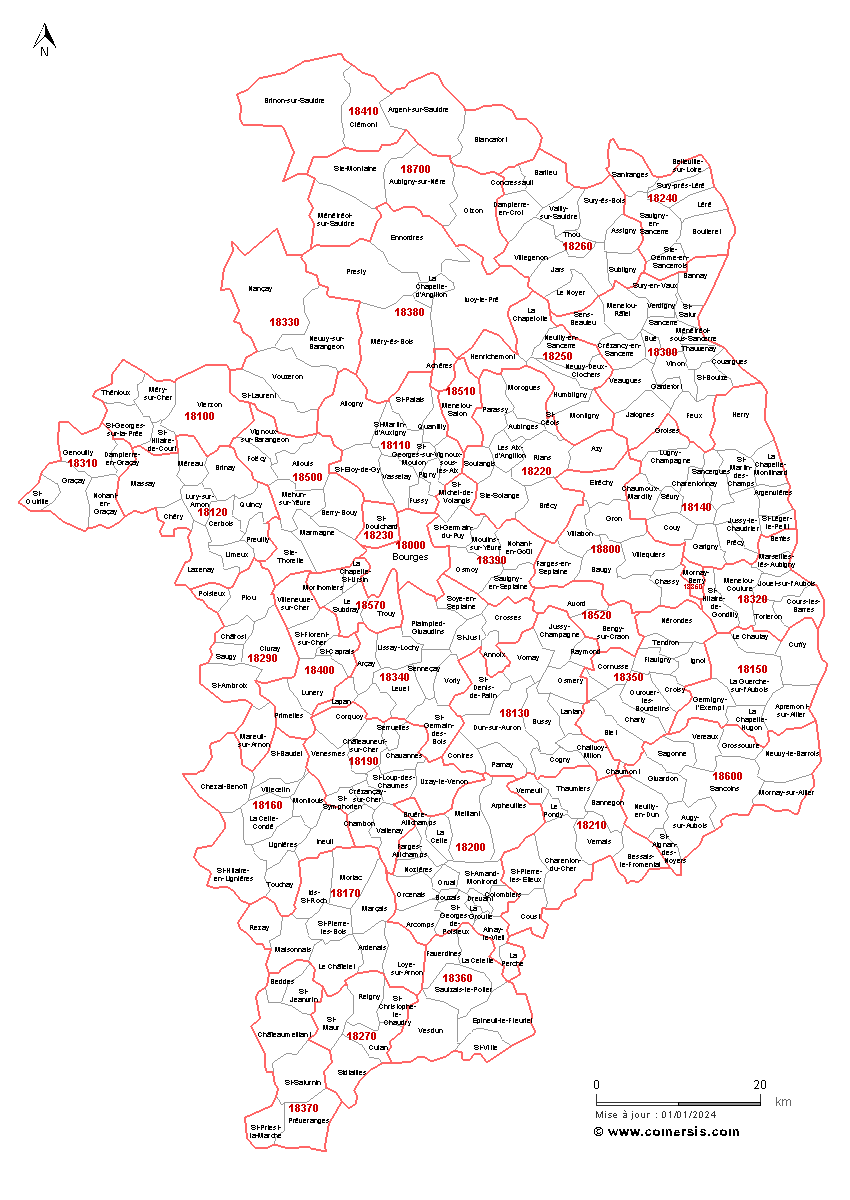 Carte des communes et codes postaux du Cher