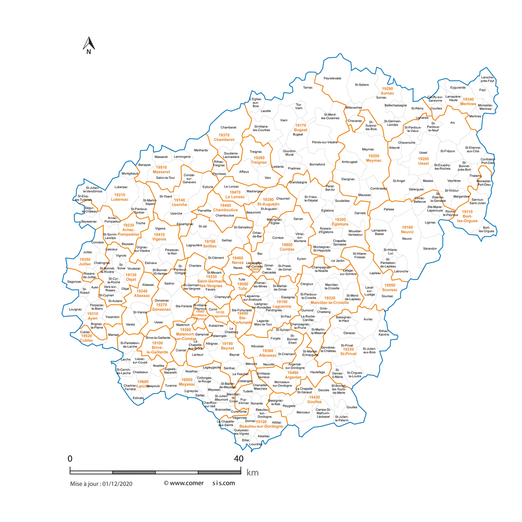 Carte des communes et codes postaux de la Corrèze