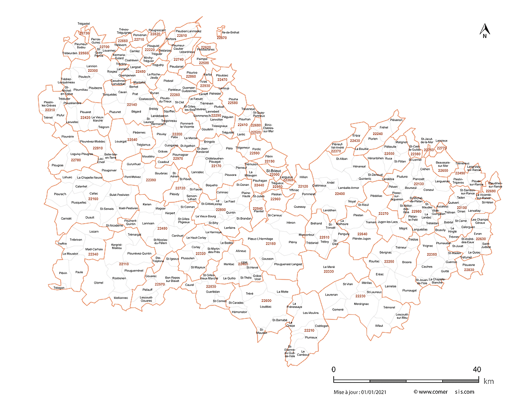 Carte des communes et codes postaux des Côtes-d'Armor