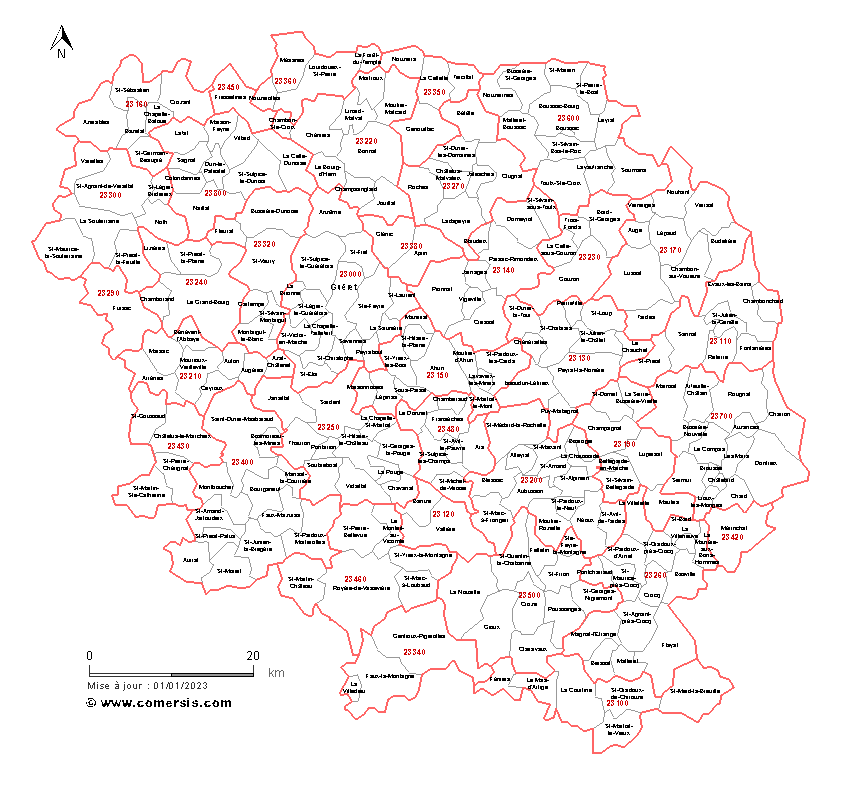 Carte des communes et codes postaux de la Creuse