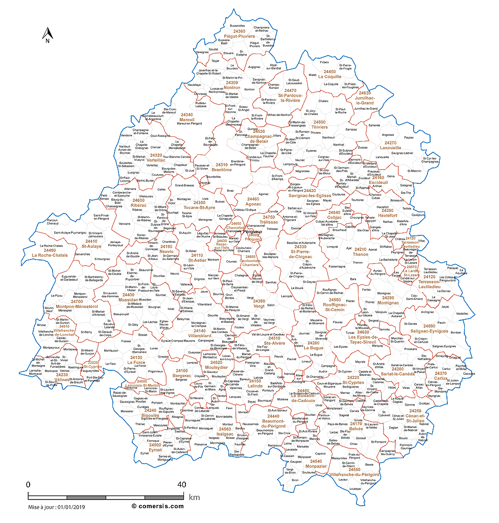 Carte des communes et codes postaux de la Dordogne