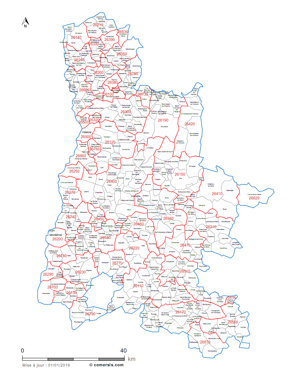 Carte des communes et codes postaux de la Drôme