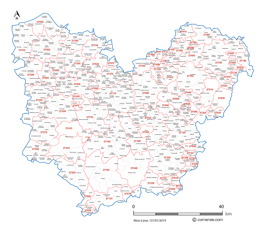 Carte des communes et codes postaux de l'Eure