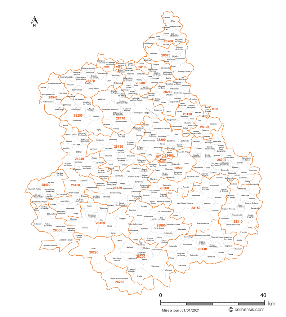 Carte des communes et codes postaux d'Eure-et-Loir