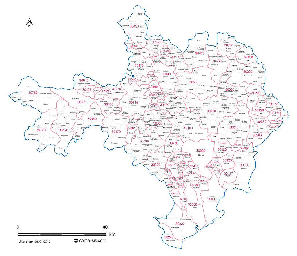 Carte des communes et codes postaux du Gard