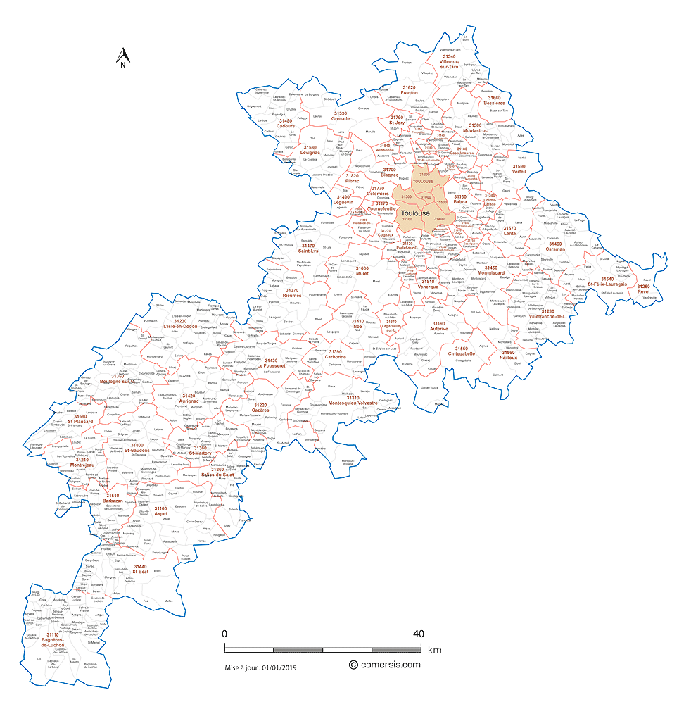 Carte des communes et codes postaux de la Haute-Garonne