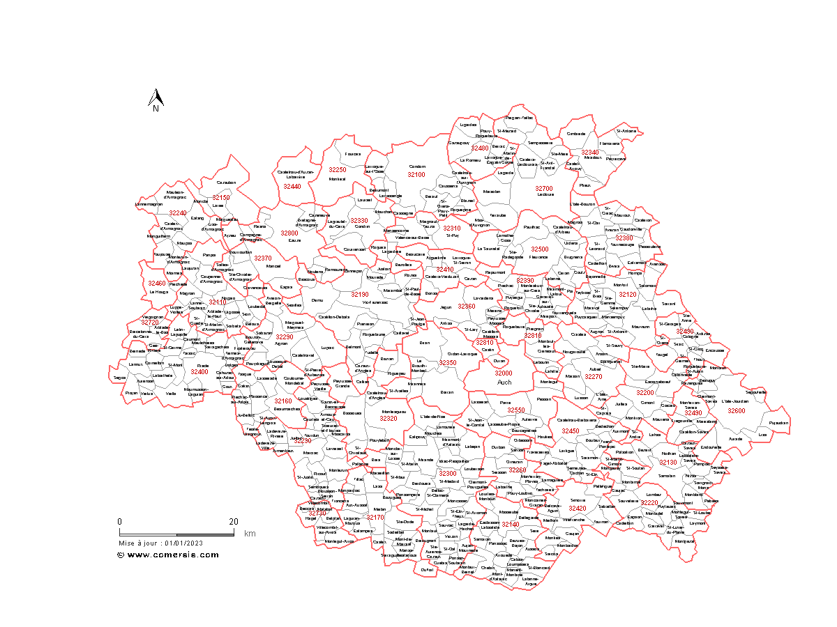 Carte des communes et codes postaux du Gers