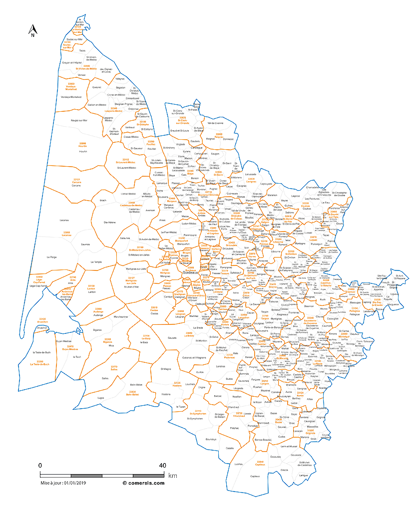 Carte des communes et codes postaux de la Gironde