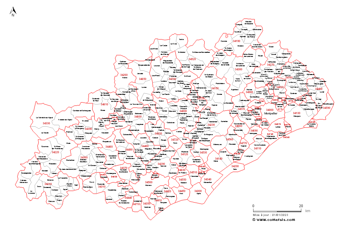 Carte des communes et codes postaux de l'Hérault