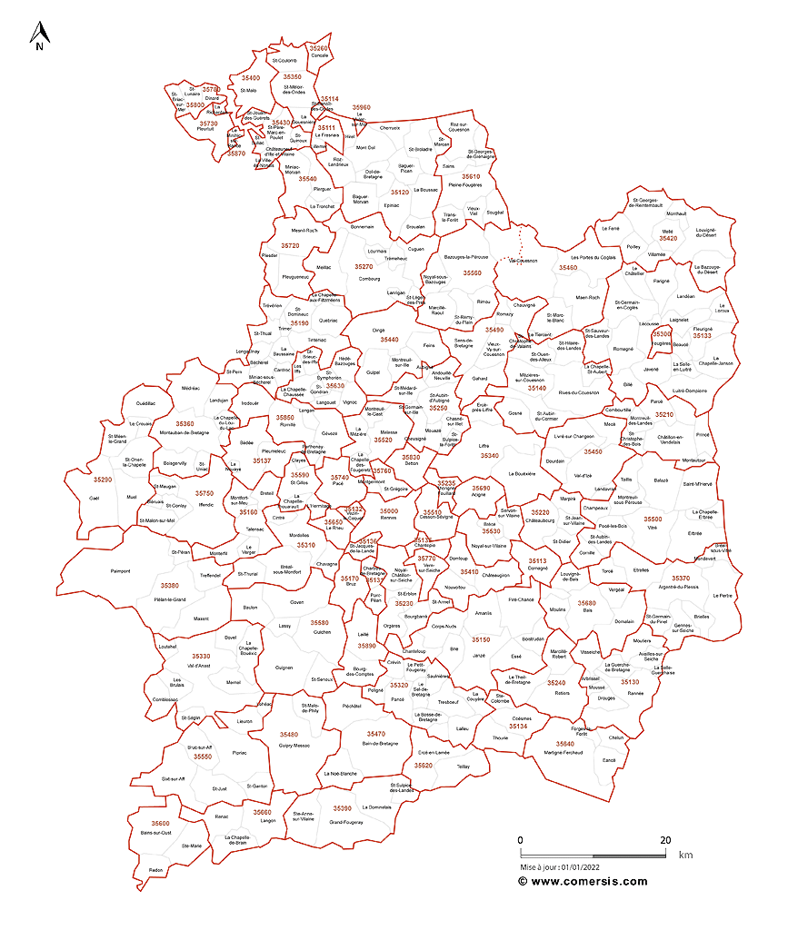 Carte des communes et codes postaux de l'Ille-et-Vilaine