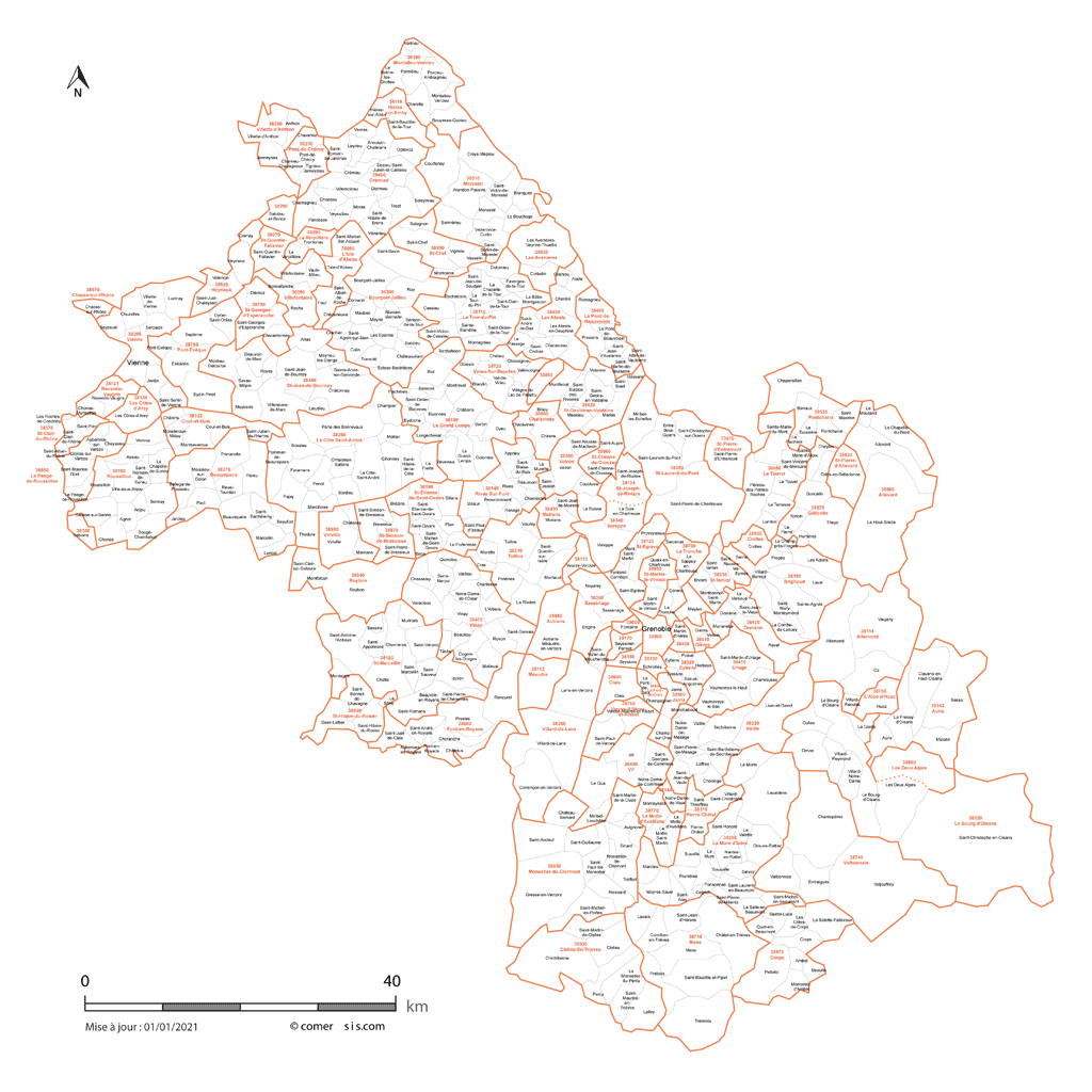 Carte des communes et codes postaux de l'Isère
