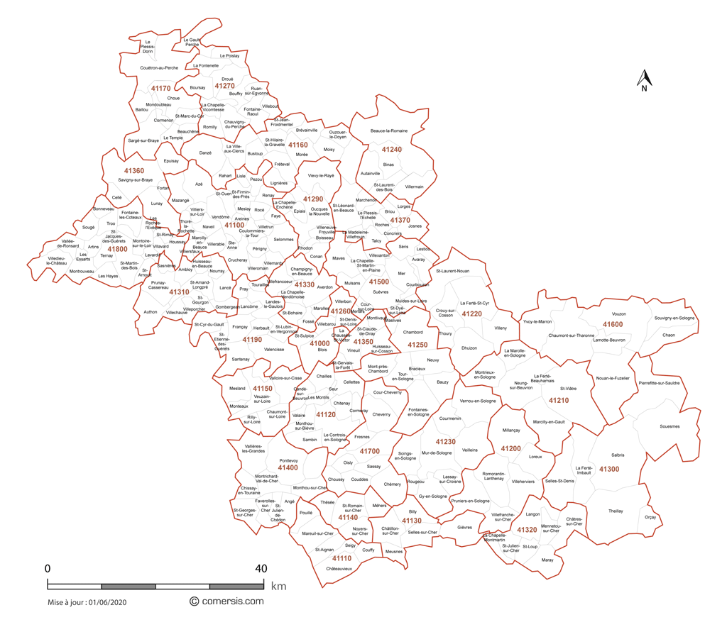 Carte des communes et codes postaux du Loir-et-Cher