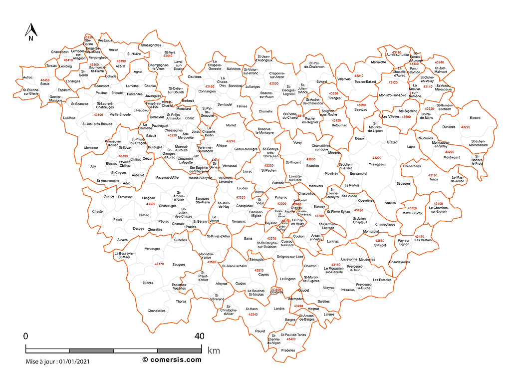 Carte des communes et codes postaux de la Haute-Loire