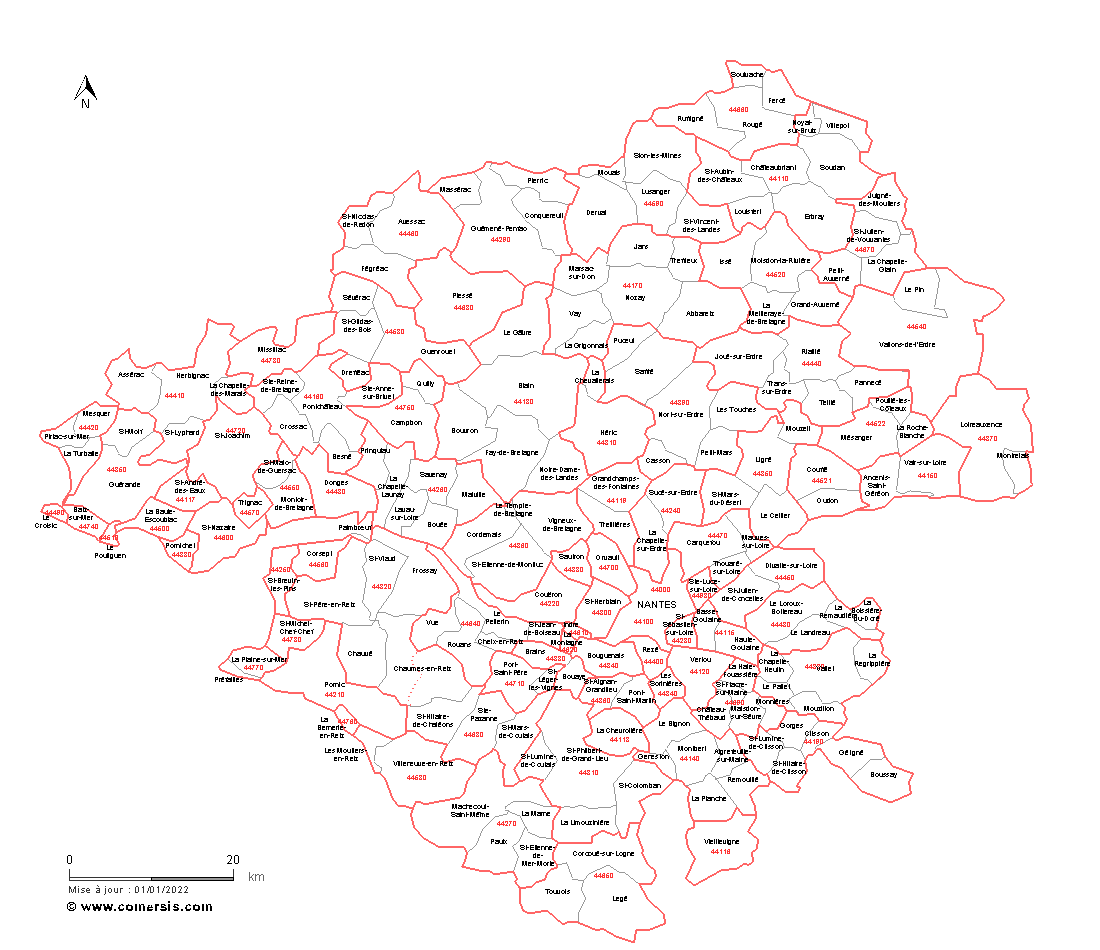 Carte des communes et codes postaux de la Loire-Atlantique