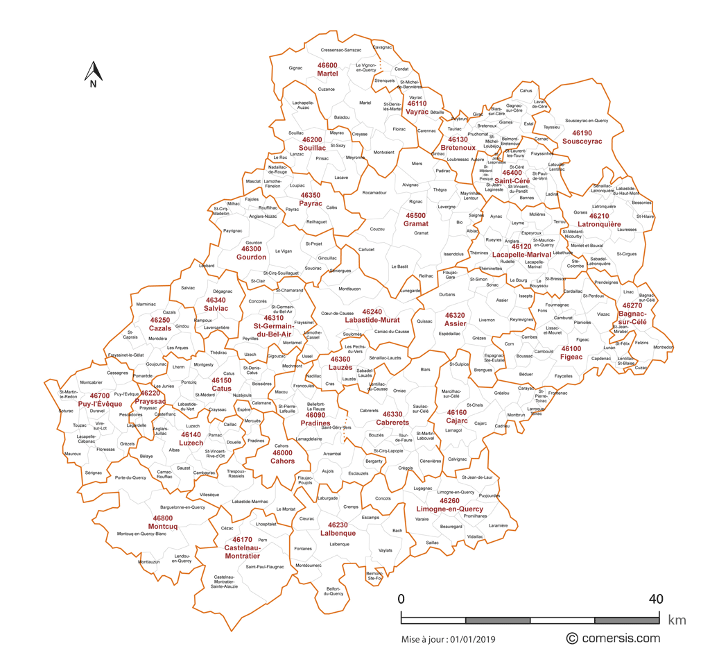 Carte des communes et codes postaux du Lot