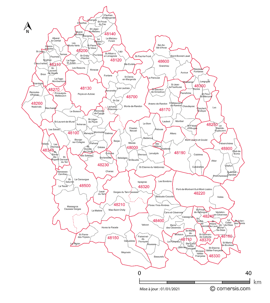 Carte des communes et codes postaux de la Lozère